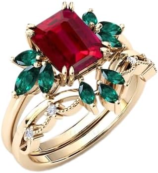 Generic Emerald Cut Ruby Engagement Ring Set For Women Ruby Wedding Ring Set Antique Ruby Bridal Promise Ring Set, red