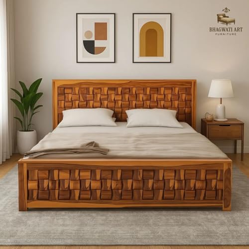 Image of Sheesham Wood King Size Bed with Box Storage Wooden Double Bed Cot Bed Furniture for Bedroom Living Room Home (Honey Finish)