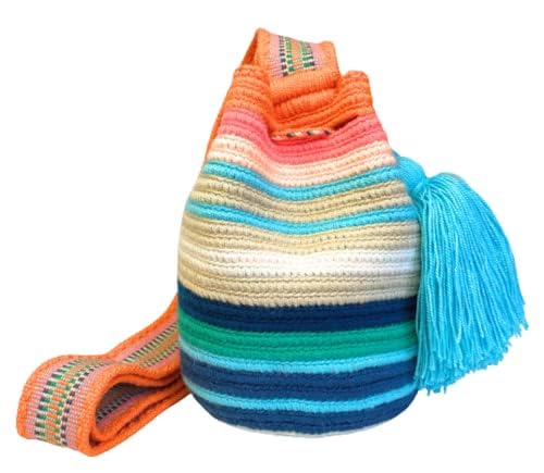 Wayuu Mochila-Tasche für Damen, kolumbianische Boho-Tasche, handgefertigt mit großen, schön aussehenden Quasten, Design 22 - Small Mini, Small Wayuu Mochila-Tasche für Damen, kolumbianische Boho-Tasche, handgefertigt mit großen, schön aussehenden Quasten, Design 22 - Small Mini, Small