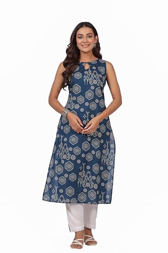 Image of Ichaa Women's All-Over Printed Sleeveless Kurta | Regular Fit Ethnic Kurta | Round Neck Straight Fit Kurta