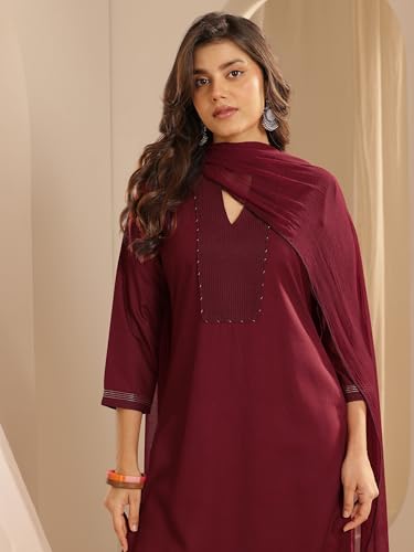 Image of Libas Maroon Yoke Design Viscose Straight Kurta set for Women | daily wear suit