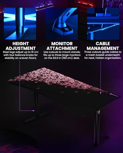 Image of Arozzi Arena Special Edition Ultrawide Curved Gaming and Office Desk with Full Surface Water Resistant Desk Mat Custom Monitor Mount Cable Management Cut Outs - Flower