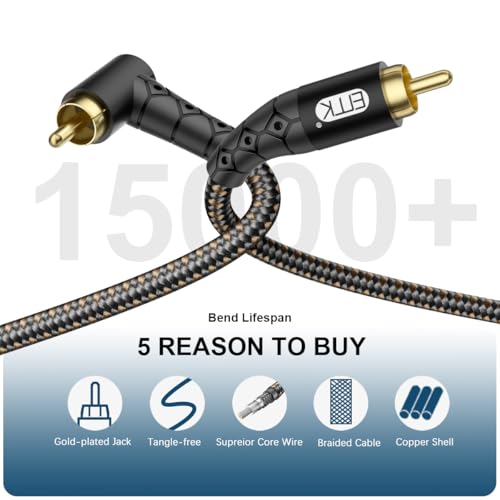 Image of EMK 90 Degree RCA Subwoofer Cable 24K Gold-Plated Connector Nylon Braided Double Shielded - Support Digital & Analog Signals for Amplifier, Home Theater, Hi-Fi System,Subwoofer Black /15ft /5m