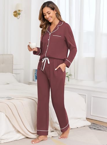 Image of Veseacky 100% Cotton Women's Pajama Set Long Sleeve Button Down Sleepwear Soft Pjs Lounge Sets Nightwear Pjs XS-XXL
