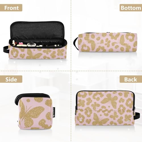 Bolsa de viaje para herramientas de cabello con tapete para planchas, doble capa, estampado dorado con leopardo y elementos de mariposa miniatura 5
