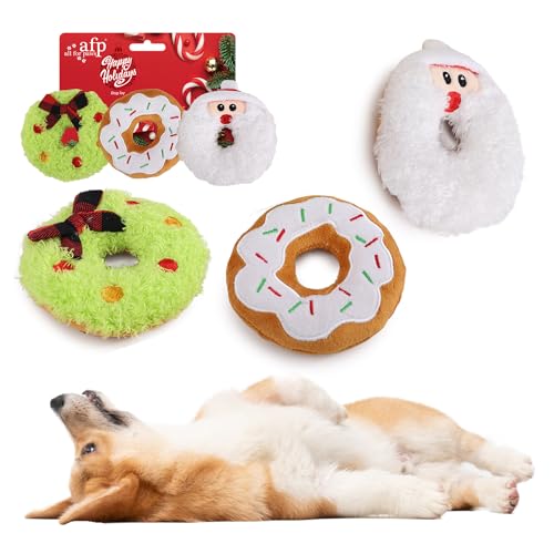 ALL FOR PAWS Weihnachts-Hundespielzeug - Festliche Plüschspielzeuge,Ideal für Apportierspiele und als interaktives kleine, mittlere und große Hunde. (Donut Toys)