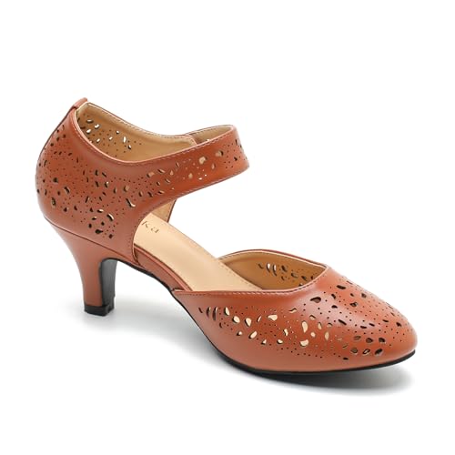 Image of Women's Comfortable Mary Jane Pumps Vintage Cutout Closed Toe Kitten Heels for Dressy Office Work