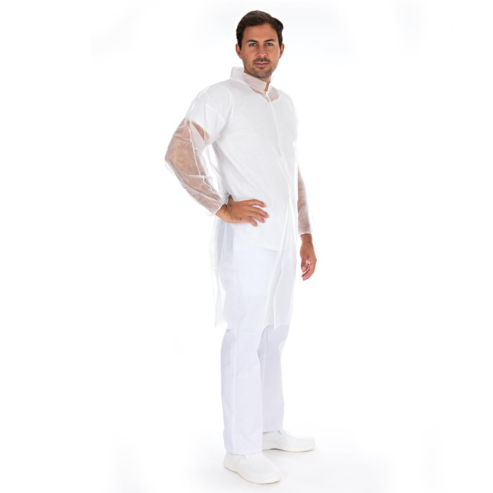 FRANZ MENSCH 100 Stück Hygonorm Besucherkittel Light mit Druckknöpfen, Stehkragen | PP, Sparpack, white, XL, L: 110cm, Umfang: 130cm, Box, Einwegkittel, Besucherkittel,Überkittel die Hygienebereiche