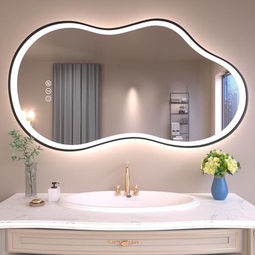 Image of WTTY LED Irregular Bathroom Mirror 20x36 Inch with Front & Back Lights - Asymmetrical Design, Anti-Fog, Dimmable 3 Color Temperatures, Shatterproof Glass, Horizontal or Vertical Mount (Black Frame)