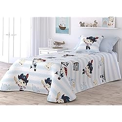 Edredones Infantiles Zara Home Liniva Home - Colcha Bouti Infantil Reversible Cosida - Modelo Pirata - Celeste, Cama 105 cm