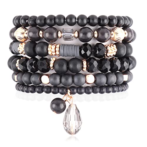 Riah Fashion Bohemian Mix Bead Multi Layer Versatile Statement Bracelets - Stackable Beaded Strand Stretch Bangles Sparkly Crystal, Tassel Charm (Mix Bead Wood Charm Stretch Bracelet Set - Black) #TOP27