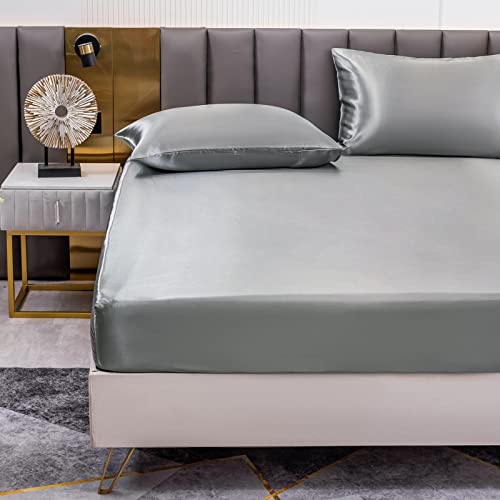 Sábana Bajera Ajustable para Cama 150 - Sábana Bajera Raso Color Sólido 150x200 cm - Sabana de Satén de Poliéster para Colchón de hasta 30cm de Altura, Gris Oscuro