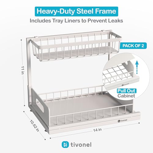 Organizador de 2 niveles para debajo del lavabo | Estante deslizante extraíble para cocina, baño o lavandería | Diseño en L, marco metálico resistente al óxido | Blanco (paquete de 2) miniatura 2
