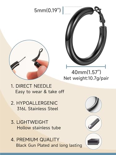 Image of Stainless Steel Chunky Hoop Earrings For Women, Minimalist and Chic, Black /Gold Plated, Round Hoops Earrings Hypoallergenic, Size: 30mm /40mm /60mm /80mm, Come with Box