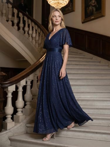 Image of Ever-Pretty Women's Summer Glitter Formal Dresses Evening Gown V Neck Short Sleeves Floor Length Mother of Bride Dress 50159