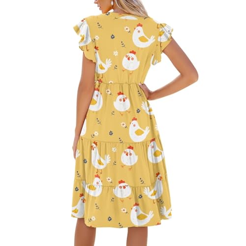 Image of Women's Casual Ruffle Sleeve Dress V Neck Pullover Dress Flowy A-Line Pleated Lightweight Dress with Pockets