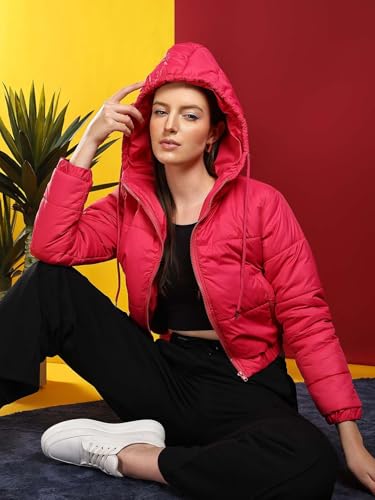Image of KOTTY Women's Solid Full Sleeve Zipper Hooded Neck PuffercJacket
