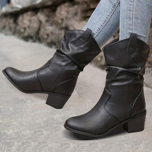 Cowboy Boots for Women,2025 Point Toe Casual Wide Width Fashion Slouchy Ruched Leather Solid Color Fashion Travel Shoes Slouchy Comfortable Wide Calf Slip On Winter Fall Low Heel Boots4