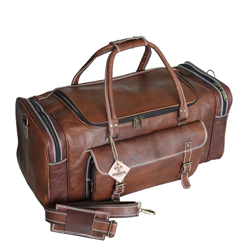 PARRYS LEATHER WORLD 32 inch Genuine Leather Duffel Bag for Men | Rustic Goat Leather Weekender, Overnight Travel Holdall, Large Gym Sports Carryon Bag with Shoulder Strap – Brown