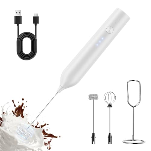 Image of Rechargeable Milk Frother with Stand,3-Speed Handheld Coffee Electric Whisk, Detachable Stainless Steel Frother Wand, Coffee Frother & Drink Mixer for Latte, Cappuccino, Hot Chocolate, Egg(White)
