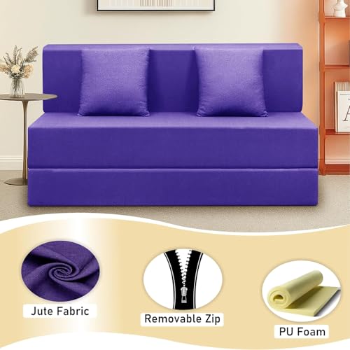 Image of Foldable 2-Seater, 4X6 Sofa Bed | Convertible Sofa Cum Bed with Cushion Jute Fabric Perfect for Living Rooms & Guest Rooms - Purple