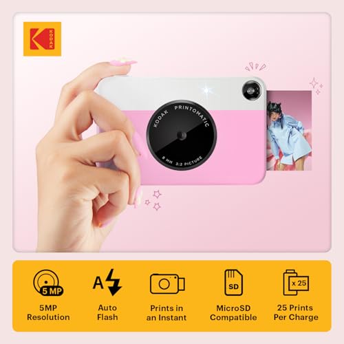 KODAK Printomatic Full-Color Instant Print Digital Camera - 75 Sheets BUNDLE - Prints On Zink 2x3" Sticky-Back Photo Paper - 5MP, Portable, Creative Fun Gift for Birthday, Christmas, Holiday - Pink