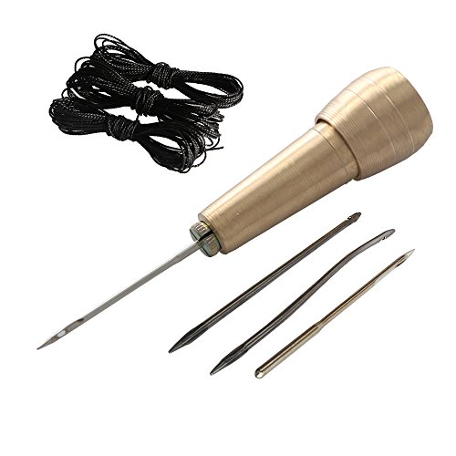 El cobre de la manija 4 agujas de coser a mano Punz¨®n Stitcher Kit con 9m Hilo de nylon de cuerda de herramientas de reparaci¨®n de zapatos de cuero de DIY de coser Reparaci¨®n de mano (Dorado+ Negro) Cover