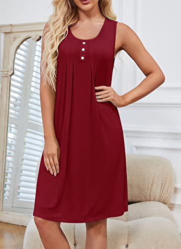 Hocosit Women's Floral Nightgowns Sleeveless Sleepwear Pleated Buttons Sleep Dress Scoopneck Nightwear Loungewear Wine Red Xx-Large #TOP1