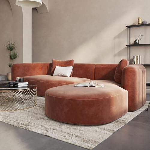 Image of 105 inch Luxury Modern Tight Curved Back Velvet Sofa, Minimalist Style Comfy Couch for Living Room Apartment, L-Shape Chaise, Brown