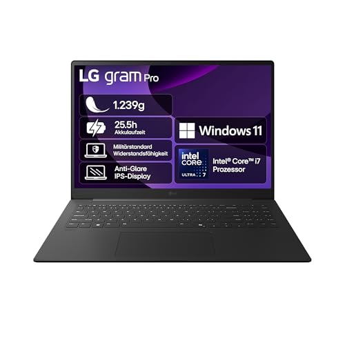 LG gram Pro 16 16Z90TS-G.AU89G (16 Zoll) IPS Notebook, Intel Core Ultra 7 258V, Intel Arc&trade; Graphics 140V, 16GB RAM, 1TB SSD, federleicht (1,239 kg), gram AI, Copilot+ PC, 77 Wh, Thunderbolt 4, Schwarz