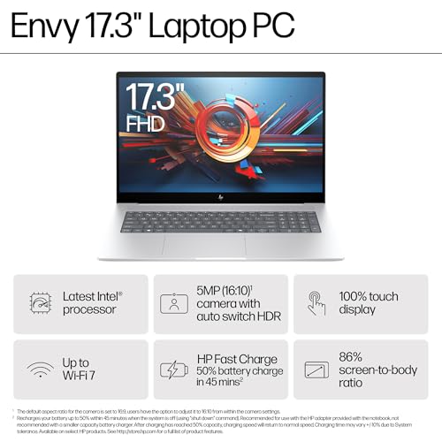 Image of HP Flagship Envy Business Laptop - 17.3 inch FHD Touchscreen 300 nits Display - Intel Ultra 7 155H - Wi-Fi 7 - Copilot AI - Backlit Keyboard, w /Office Lifetime & Windows 11 Pro(64GB RAM, 2TB SSD)