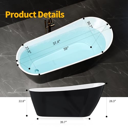 Image of 59 inch Acrylic Freestanding Bathtub, Contemporary Double-Walled Insulated Soaking Tub with Anti-Clog Drain & Overflow, cUPC Certified Heavy-Duty Resin Reinforcement, Black