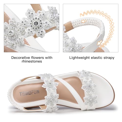 TEMOFON Sandals for Women Flat Dressy Summer Flower Sandals with Ankle Strap Comfortable Casual Walking Flat Sandals Size 5-114