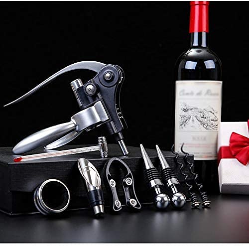 Cavatappi Multifunzione per Bottiglie di Vino con Alette, in Lega Rossa, Tappo a Coniglio e versatore, Set in Scatola.