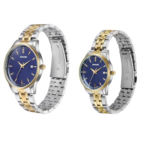 Image of Sonata Jashn with Quartz Analog Blue Dial IPS+IPG Strap Men and Women (Pair) Wedding Watch - 7721087125BM01