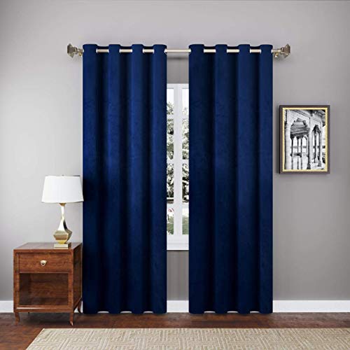 Image of High Sofa Quality Velvet Solid Grommet Room Darkening Eyelet Door Curtains for Living Room (7 Feet, Navy Blue) - Set of 2 Pieces