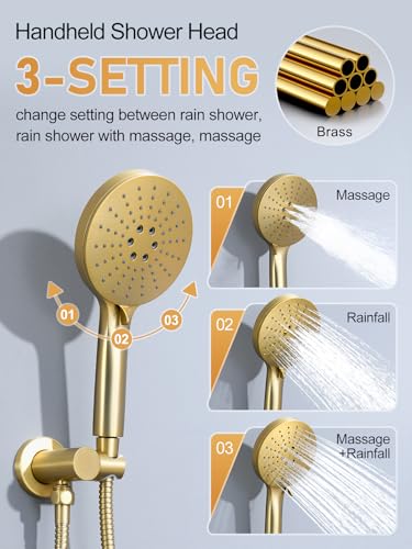 Image of Woindo Shower Faucet Set 10 inch Rain Shower Head /8'' Side Shower Head and 3 Setting Handheld Ceiling Mount 3 Push Button Diverter Complete Rainfall Round Shower System Included Valve Trim Kit