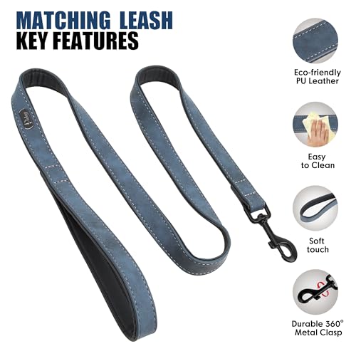 Image of Didog PU Leather Dog Collar and Leash Set, Soft Padded, Blue, Neck 18-22 inch