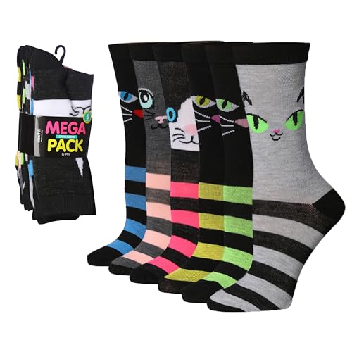 Image of Tipi Toe Women's 6-Pack Funky Crew Socks | Colorful Fun Patterned Novelty Dress Socks, Sizes 9-13