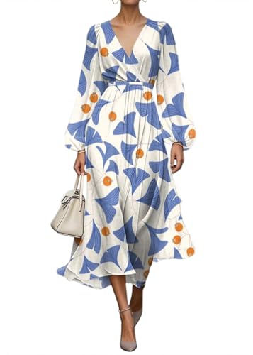 shownicer Damen Kleider Elegant Kleid Lang Blumendruck Musselin Kleid V Ausschnitt Wickelkleid Langarm Herbstkleid Vintage Midikleid A Blau2 S