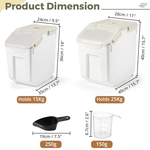 ABOUT SPACE Rice Storage Container 25kg & 15kg Airtight Rice Container with Measuring Cup & Rice Shovel-Rice Barrel Dispenser-Moisture Proof Kitchen Organiser for Cereals & Pet Food- White, Plastic