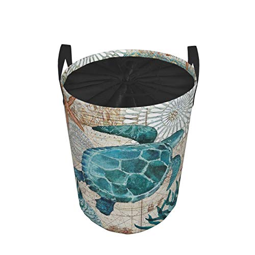 Large Round Storage Basket With Handles,Sea Turtle Ocean Animal Pattern Digital Print,Waterproof Coating Organizer Bin Laundry Hamper For Nursery Clothes Toys 21.5"X 16.5" #TOP1