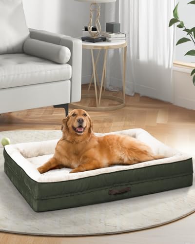 Upvilla Orthopädisches Hundebett XL, Hundekorb Waschbar mit Eierförmiger Kistenschaum,Wasserdicht Hundesofa mit rutschfeste Unterseite und Vierseitiges Kissen (Oliv, 117x76x19cm)