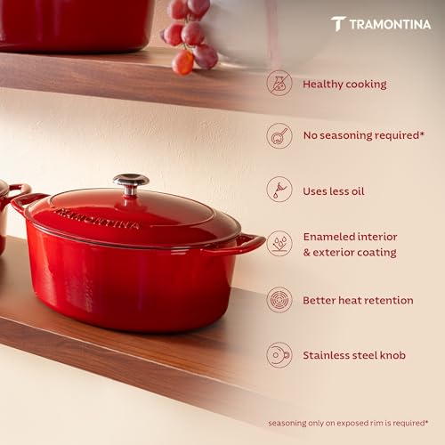 Image of TRAMONTINA Bestow Oval Dutch Oven 5.2L with Lid | Enameled Cast Iron Casserole Pot & Biryani Pot | Even Heat Retention | Low Oil Healthy Cooking | No Seasoning Required | All Cooktops Compatible | Red