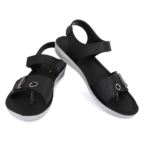 Image of Ango Women Minimal Black Flats Sandals with Premium Metallic Finish with Cushioned Sole