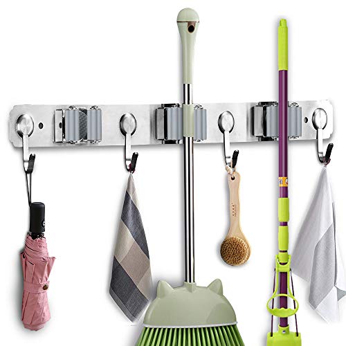 Shackcom Mop Broom Holder Wall Mount, Cleaning Tools Hangers Made of 304 Stainless Steel with 3 Clips and 4 Hooks, Utility Rack for Kitchen, Closet, Garden Tool Organizer Storage