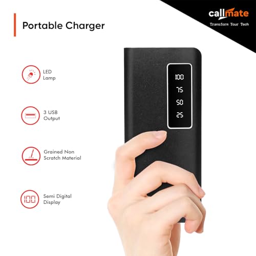 Image of Callmate 10000mAh Power Bank with LED Lamp, 12W Fast Charging & Digital Display with 3 USB Output Ports & 2 Input for iPhone, Smartphones & Other Devices (12 W, Fast Charging) (Red, Lithium Ion)