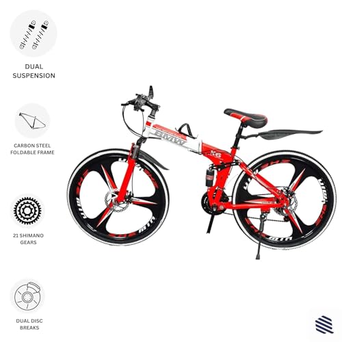 Image of Amaze Kai Dual Suspension Bikes Bmv Foldable Gear Cycle for Men with 21 Speed Gear 3 Spoke | Folding Mountain Bike with Double Disc Break & Mac Wheel, 26 Inch (red)