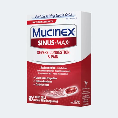 Mucinex Sinus-Max Maximum Strength Severe Congestion & Pain, Sinus Symptom Relief, Pain Reliever, Cough Suppressant and Nasal Decongestant, 16 Liquid Gels (Pack of 2) - image 5