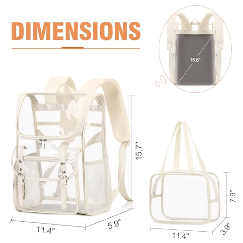 Image of DIGOBAY Clear Backpack with Lunch Bag, Leather Clear Bookbag Heavy Duty | Thick PVC Clear Backpack for Girls Women See Through Transparent Backpacks for Stadium Events College Travel Work, Beige